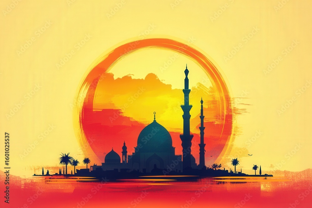 Obraz premium Silhouette of a mosque against a sunset background