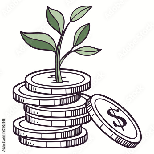 Financial Growth: A symbolic illustration of financial growth and investment, featuring a stack of coins with a plant sprouting from the top, representing the potential for growth and prosperity.