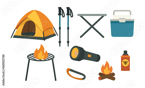 Camping gear flat design: tent, hammock, lantern, and more