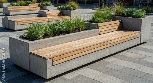 An expansive view of contemporary concrete benches with light wood seating, each featuring integrated planters overflowing with lush green plants and grasses