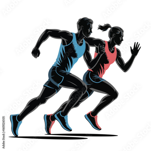 Athletic Runners Front View Icon Pack – Silhouettes of Men and Women in Sport Apparel, Gym and Outdoor Motion Set