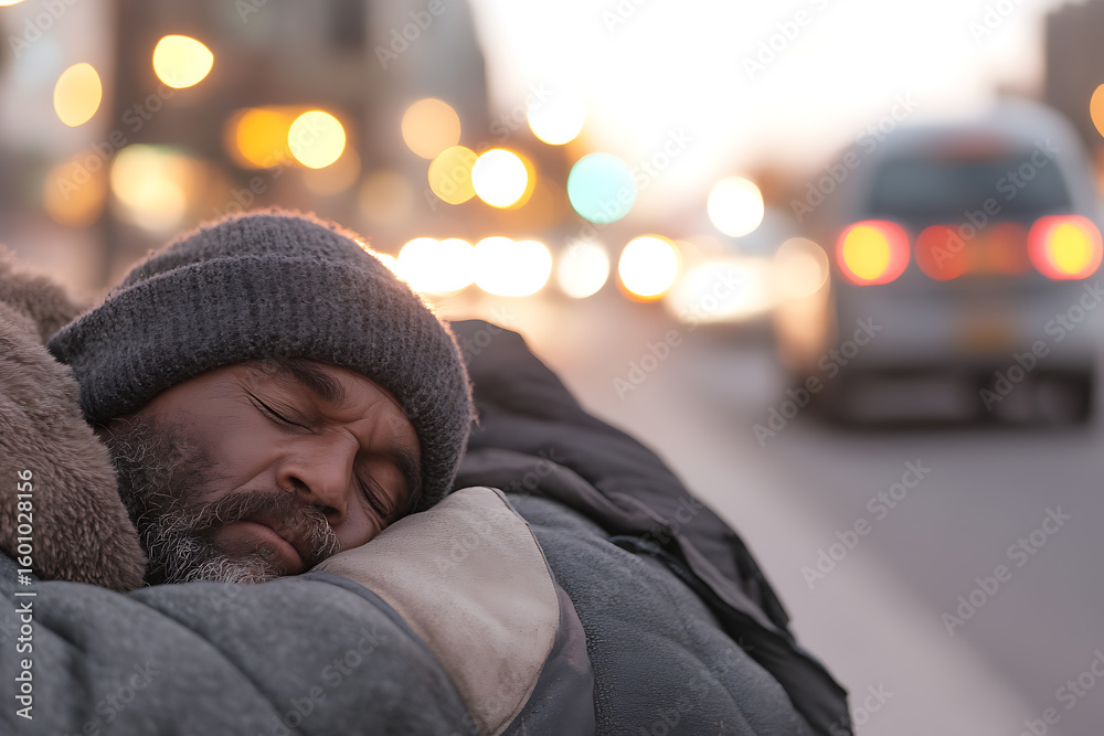 Fototapeta premium Man sleeping on sidewalk, wearing a beanie, with city lights blurred in the background, suggesting homelessness and urban struggle.