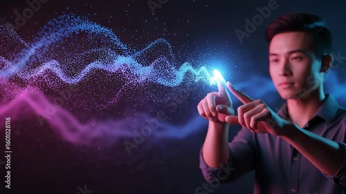 Man Interacting With Glowing Blue Data Wave, Futuristic Digital Interface