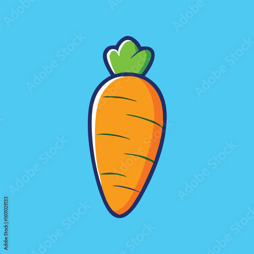 Cartoon depiction of an orange carrot with green leaves stands against a light blue backdrop