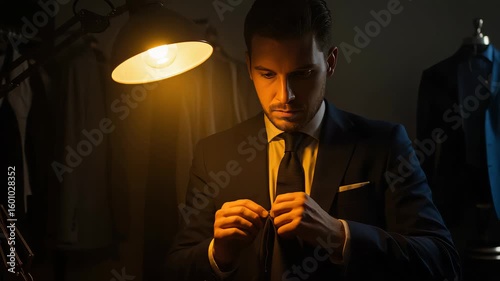 Man Adjusting Tie in Dark Room with Warm Lamplight