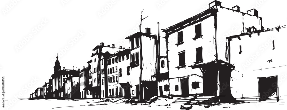 Fototapeta premium City landscape. Different buildings on street, outline cityscape hand sketch, flat houses. Hand drawn vector illustration