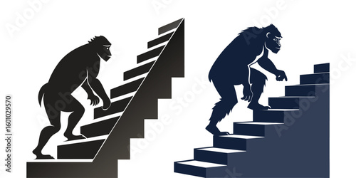 Silhouette Vector of Ape Climbing Stairs to Success, Evolution of Man Concept, Monkey Ascending Steps, Motivational Progress Art, Inspirational Animal Climber Graphic Design