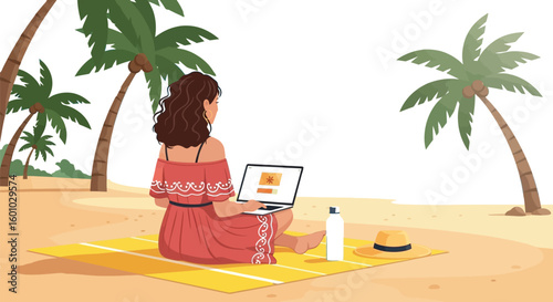 Woman working on laptop on beach with palm trees and ocean view