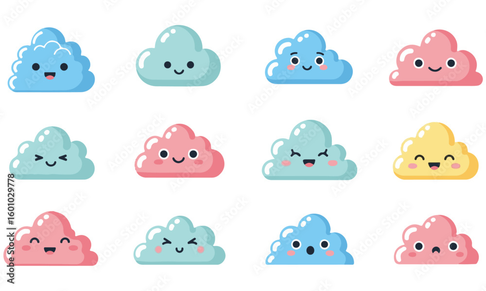 Fototapeta premium Cute Kawaii Cloud Vector Set: Happy and Expressive Weather Illustrations for Children