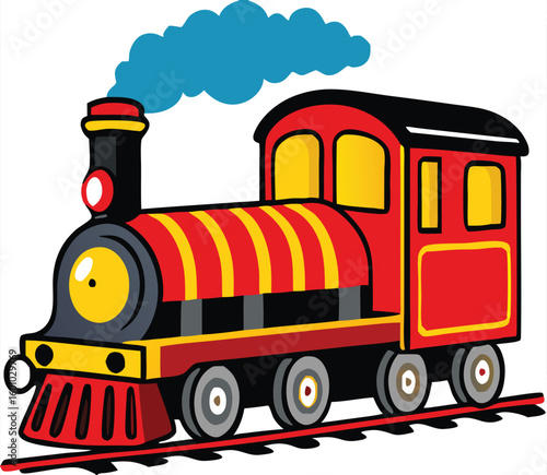 Bright red cartoon train is puffing blue smoke while moving down the tracks