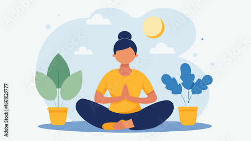 Brunette faceless woman practices mindful yoga poses while sitting near potted plants indoors