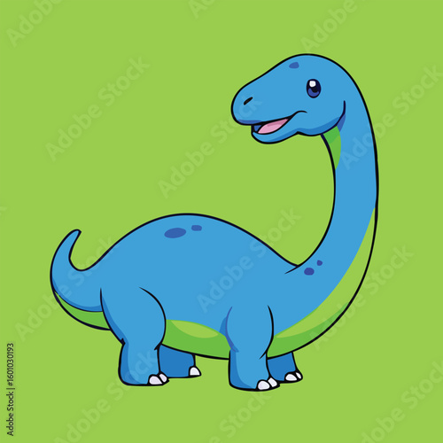 Cartoon blue brachiosaurus with green underbelly confidently stands against a bright green background