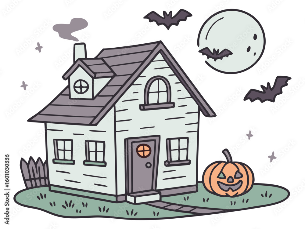 Fototapeta premium Charming haunted house with pumpkin and bats in Halloween illustration