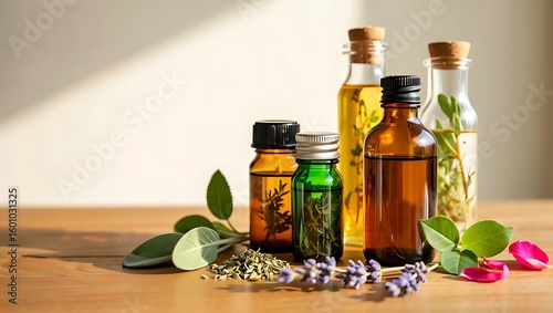 Several glass bottles containing essential oils and herbal infusions are