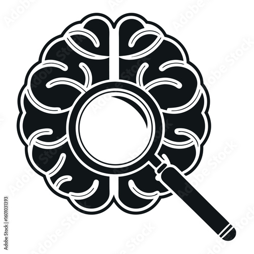 Magnifying glass over brain silhouette isolated on white background