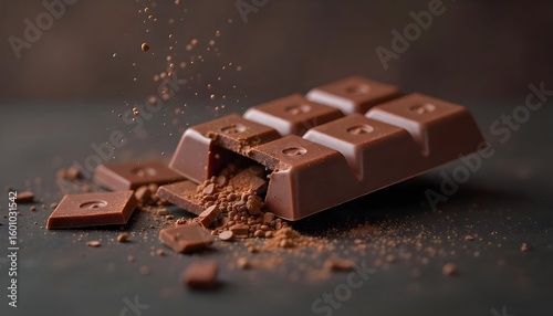 Close-Up of Chocolate Bar with Cocoa Powder on a Dark Background