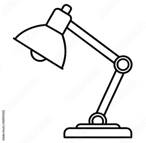 Black desk lamp with metal base and illuminated bulb on office table
