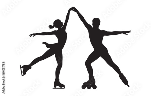 Couple dancing on roller skates and ice skates in silhouette roller skating ice skating
