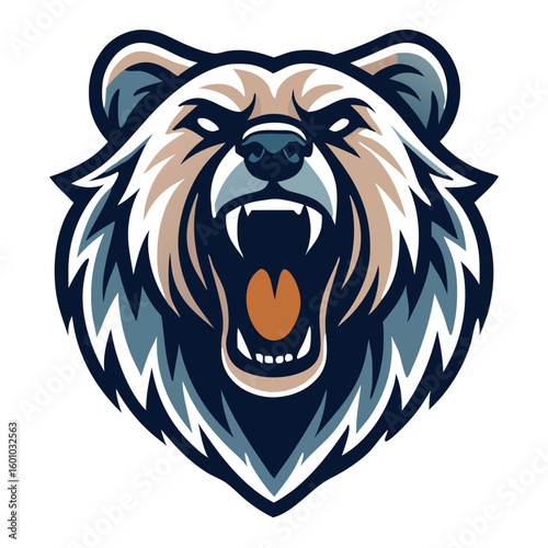 A stylized cartoon bear face roars fiercely, showing sharp teeth and an orange tongue