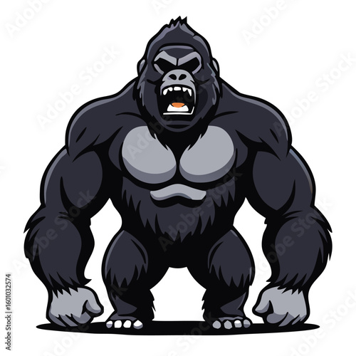 An angry cartoon gorilla stands upright displaying its fierce expression and impressive musculature on white