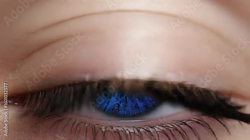 Multicolored Iris Animation: Close Up of Human Eye with Digital Binary Code Overlay