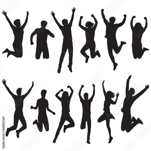People jumping multiple black silhouettes and raising arms celebration