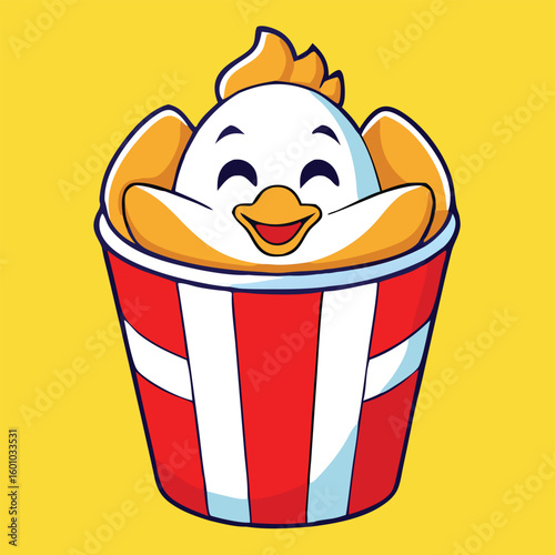 Cartoon chicken mascot happily sits inside of a red and white striped fast food bucket