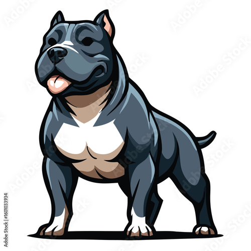 Cartoon American bully stands powerfully with its tongue exposed, showcasing a muscular build