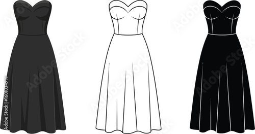 Shop strapless black dress midi length a line silhouette fashion style formal wear look