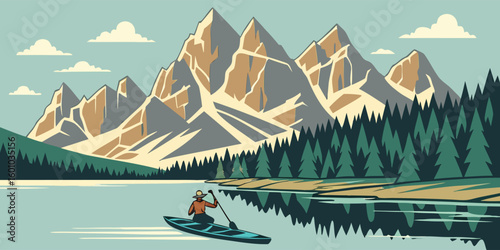 Vector scene of a lake with a paddle boarder and geometric peaks