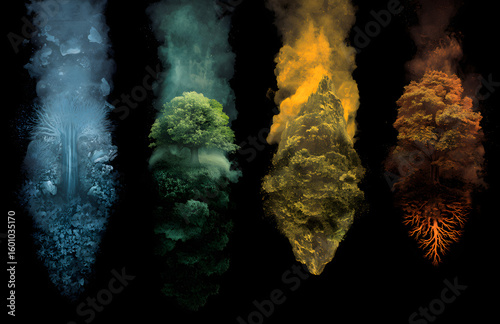Mystical Representation of the Four Elements of nature on a Dark Background