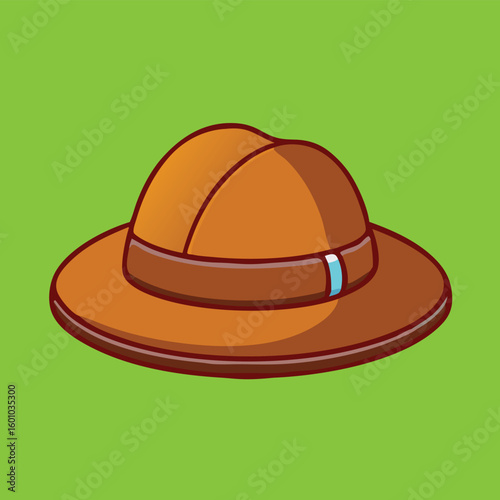 Cartoon brown pith helmet with dark brown outline rests on a vibrant green background