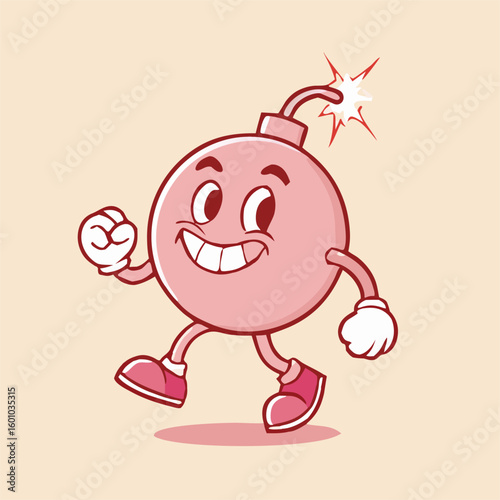 Cartoon bomb character with a lit fuse is walking and smiling happily on cream background