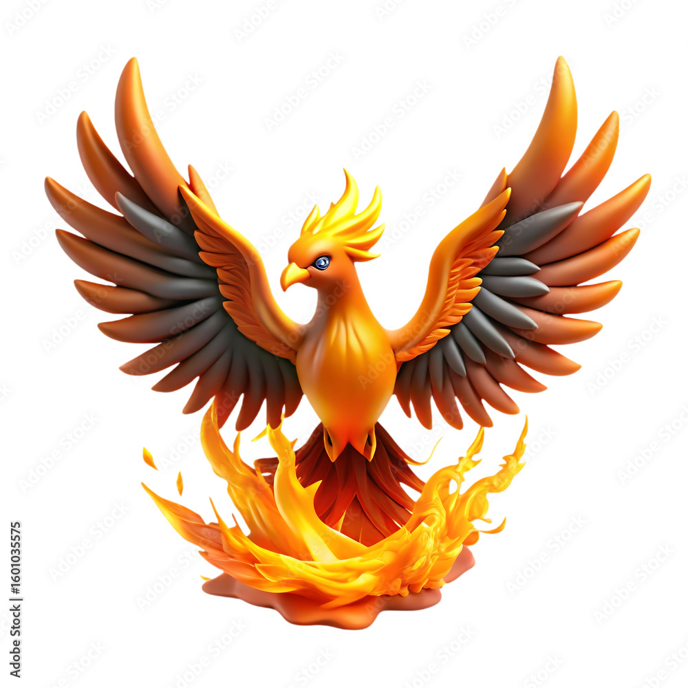 Fototapeta premium Fiery orange phoenix bird with spread wings and blue eyes isolated on a transparent background
