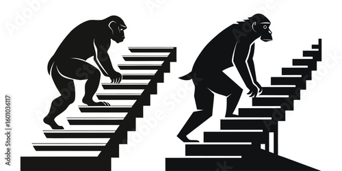Silhouette Vector of Ape Climbing Stairs to Success, Evolution of Man Concept, Monkey Ascending Steps, Motivational Progress Art, Inspirational Animal Climber Graphic Design