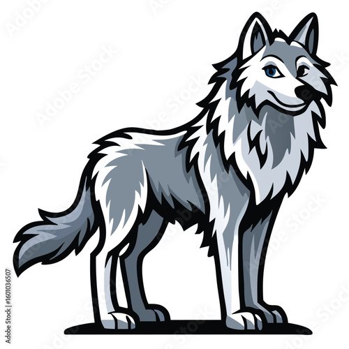 Cartoon gray wolf confidently stands, showcasing its detailed fur and striking blue eyes