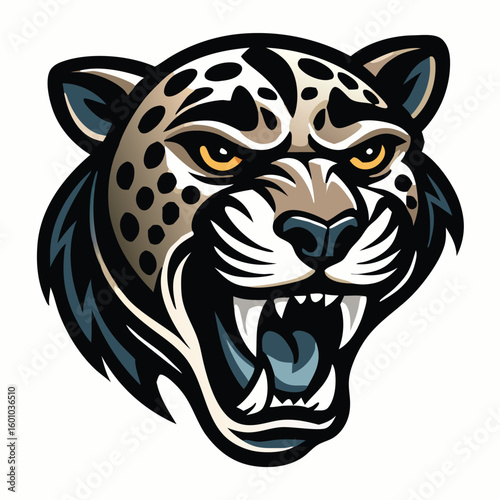 Angry jaguar growls aggressively while showing sharp teeth and striking yellow eyes glaring menacingly