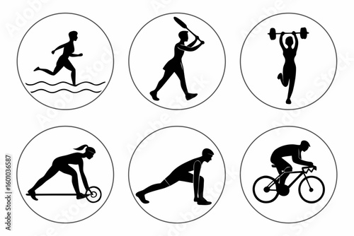 Vector art of a set of circular icons depicting running sprinting unicycling