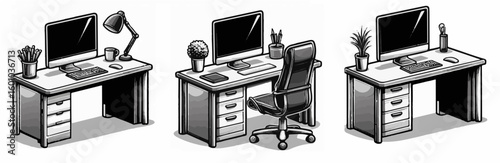 Four office desks with a monitor, black and white