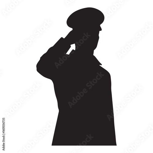 Silhouette of Saluting Soldier in Military Uniform Isolated on White Background

