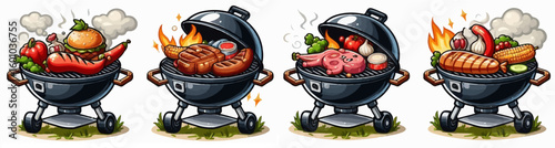 Four images of a BBQ grill with meat and vegetables
