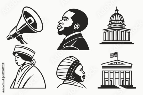 Vector art of a collection of historical symbols including a roman bust feather