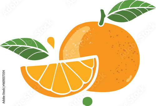 Fresh Orange Fruit with Slice and Leaves