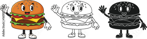 Burger cartoon vector illustration with outline and silhouette for food design
