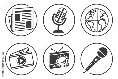 Vector art of a collection of black and white media icons representing news