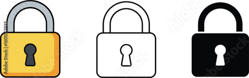 Three lock icons in different styles color outline and solid black