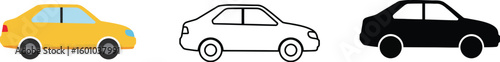 Three Car Icons in Different Styles Yellow Outline and Black Silhouette