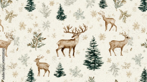 Watercolor deer, trees, and snowflakes repeat pattern