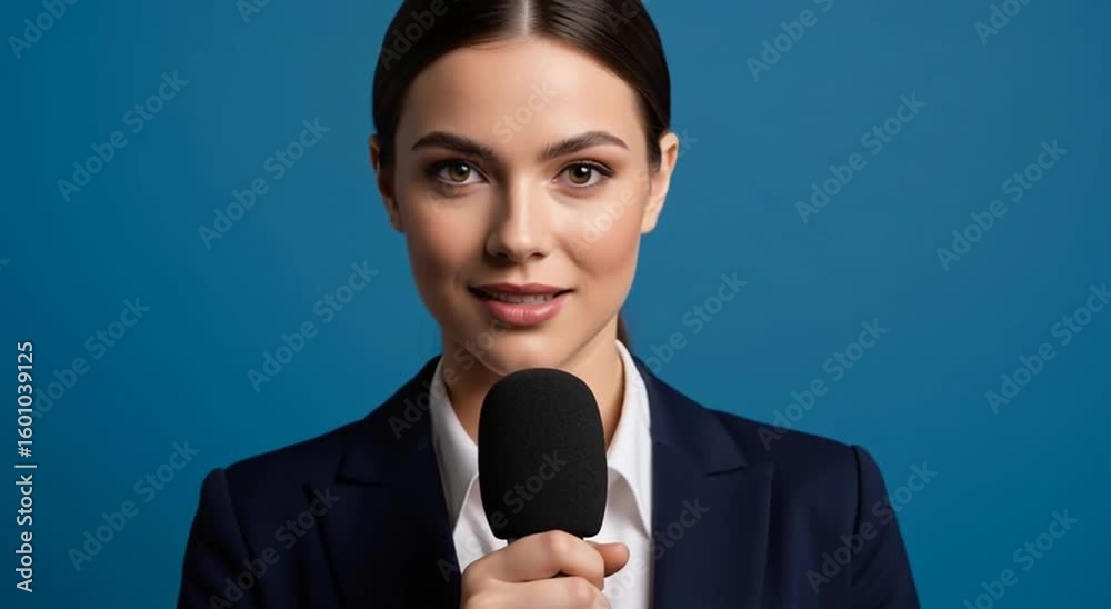 Confident Young Woman News Anchor speaking into microphone in bl