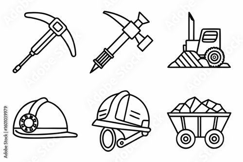 Vector art of a set of mining equipment including a pickaxe helmet cart and loader